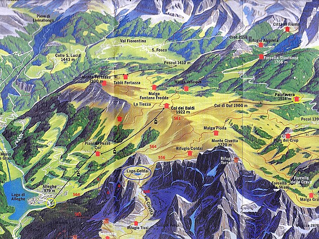 Panoramatick mapa se zakreslenmi lanovkami s letnm provozem - vpravo Palafavera, vlevo Alleghe