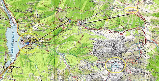 Mapa Alleghe - Col de Baldi - Lago Coldai (lze zvtit rozkliknutm)