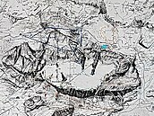 Mapa zobrazujc pvodn Lago Fedaia; doln ndr jet chyb