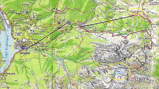 Mapa Alleghe - Col de Baldi - Lago Coldai (lze zvtit rozkliknutm)