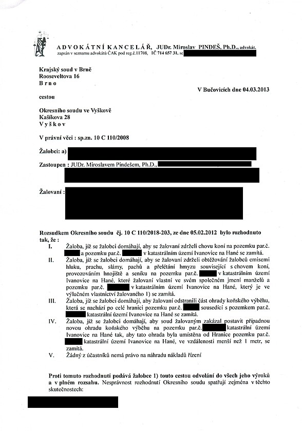 Vyjádření JUDr. Miroslava Pindeše, PhD. k rozsudku Okresního soudu č. j. 10 C 110 / 2018-203, ze dne 4. 3. 2013