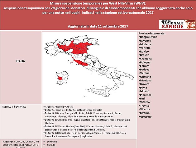 Zpadonilsk horeka - West Nile Virus. Seznam mst, kde je na 28 dn blokace drcovstv krve. AVIS ... drcovsk transfuzn centrum v Itlii