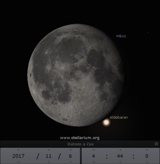 Hvězda Aldebaran u Měsíce krátce po skončení zákrytu 6. 11. 2017