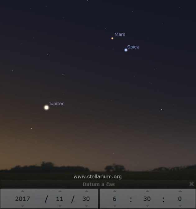 Jupiter, Mars a Spica rno nad jihovchodnm obzorem 30. 11. 2017