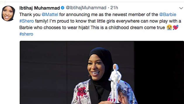 Ibtihaj Muhammad: Dkuji spolenosti Mattel za to, e m vybrala jako nejnovj lenku rodiny panenek Barbie Shero. Jsem hrd na to, e na celm svt si budou moci mal dvky hrt s panenkou, kter nos hidb. Je to uskutenn dtskho snu. #shero