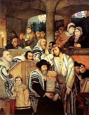 �id� modl�c� se v synagoze p�i sv�tku Jom kipur. Olej na pl�tn�, Maurycy Gottlieb (1856�1879), Muzeum um�n� v Tel Avivu.
