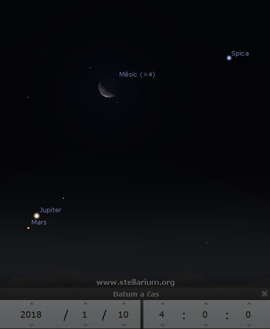 10. 1. 2018 - seskupen Spiky, Msce, Jupiteru a Marsu na rann obloze.