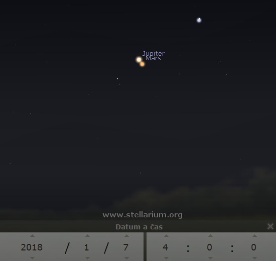 7. 1. 2018 - konjunkce Marsu a Jupiteru.