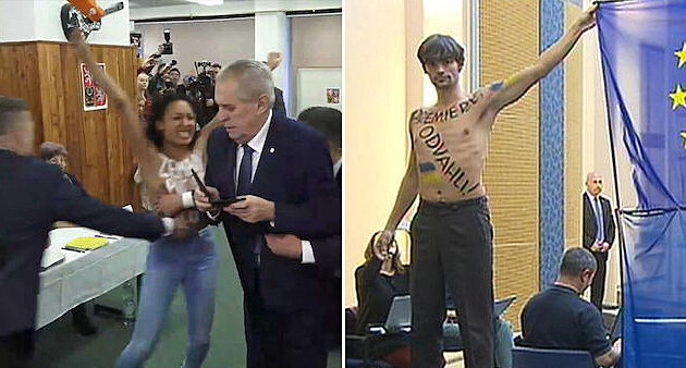 Vlevo aktivistka FEMEN, vpravo HILER.