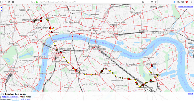 Pklad online mapy Londna s provozem linky slo 1 v centru Londna