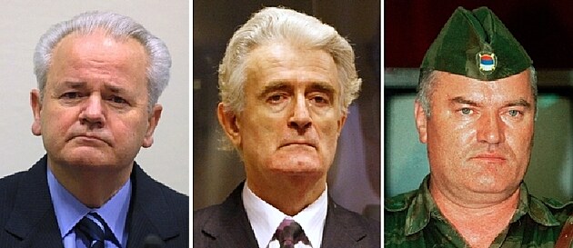 Srbt hrdinov prezident Slobodan Milosevi (umuen v Haagu), dr. Radovan Karadi (odsouzen na 40 let) a Ratko Mladi (odsouzen na doivot)