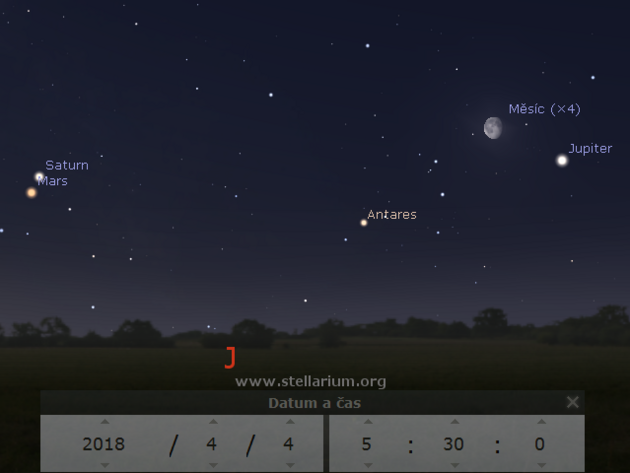 4. 4. 2018 - seskupen Jupiteru, Msce, hvzdy Antares ze tra a Saturnu s Marsem na rann obloze.