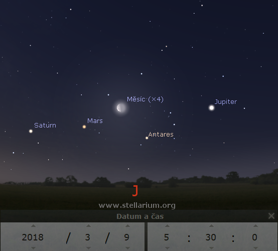 9. 3. 2018 - Msc v posledn tvrti mezi planetami na rann obloze