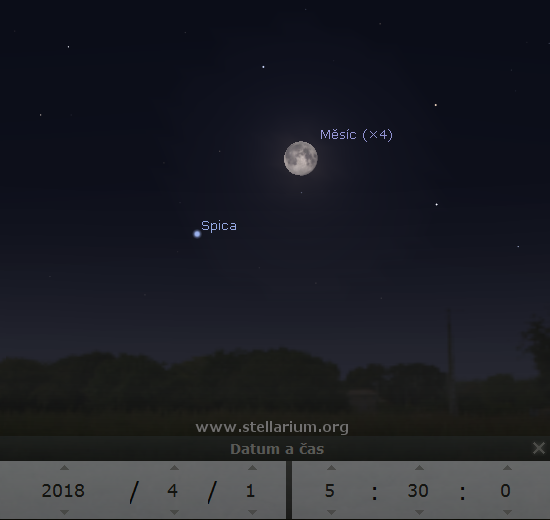 1. 4. 2018 - Msc v konjunkci s hvzdou Spikou ze souhvzd Panny.