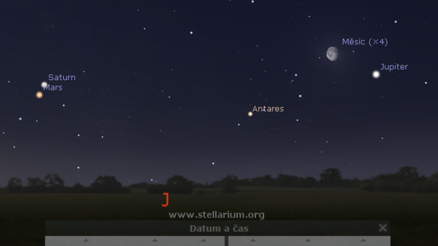 4. 4. 2018 - seskupen Jupiteru, Msce, hvzdy Antares ze tra a Saturnu s Marsem na rann obloze.