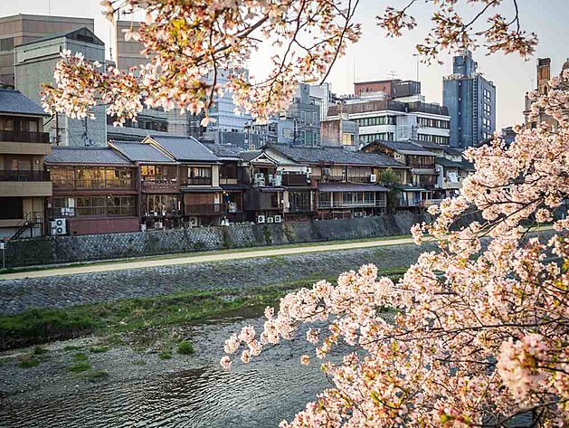 Pohled na p�vodn� d�ev�n� balk�ny �ajoven ve �tvrti Pontocho.