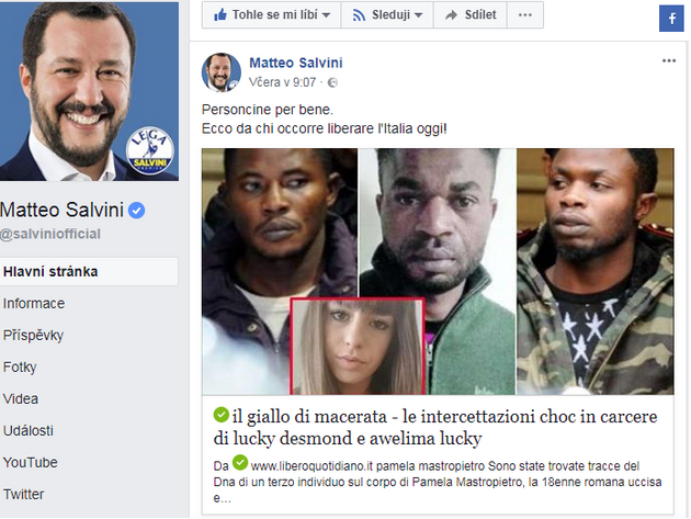 Salvini publikoval na veejnm profilu na Fb v den Osvobozen (25. dubna) zprvu o  vrad spchanou Nigerijci se slovy: to jsou ti od, kterch se musme osvobodit dnes.