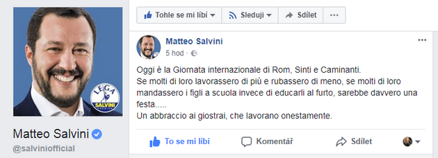 Oficiln veejn strnka Matteo Salvini na Facebooku a jeho vyjden.