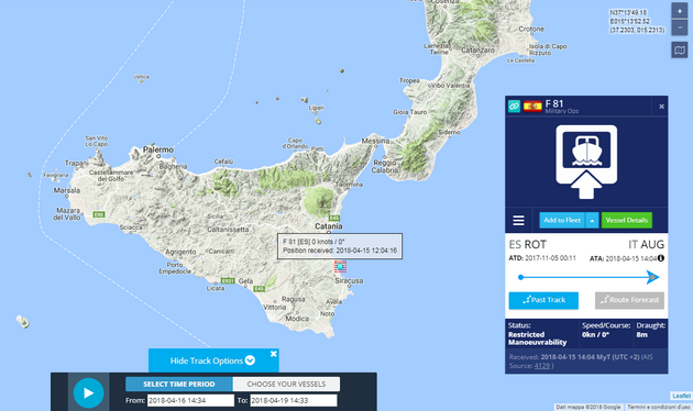 panlsk vojensk lo SANTA MARIA, kter piveza do tohoto  sicilskho pstavu Augusta dohromady 483 migrant.