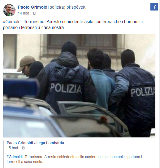 Terorismus. Zaten adatele o azyl potvrzuje, e lod pivej teroristy do naeho domova. Toto vyjden publikoval Paolo Grimoldi (Lega) na svm veejnm profilu Fb