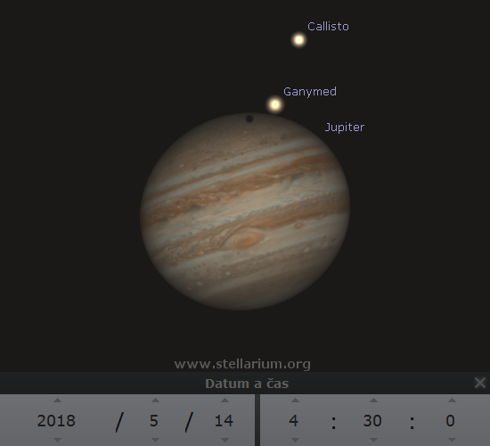 14. 5. 2018 - Jupiter s msci v dalekohledu; Ganymed vrh na Jupiter pozorovateln stn.