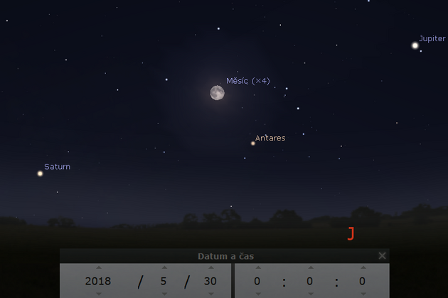30. 5. 2018 - Msc mezi Jupiterem a Saturnem; nedaleko hvzdy Antares ze souhvzd tra.