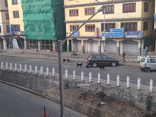 Kad rno okolo pl osm jde smeka z horn sti ulice vytkat tu doln. Pohled z hotelu Jumolhari v Thimphu.