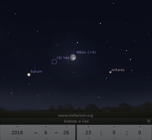 26. 6. 2018 - Msc u planetky Vesta a v blzkosti Saturnu a hvzdy Antares.