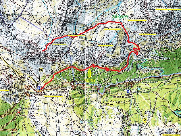 Trasa z vrcholu Lagazuoi Piccolo pes Forcella Travenanzes, Forcella Col dei Bos k ruinm lazaretu a do prsmyku Falzarego