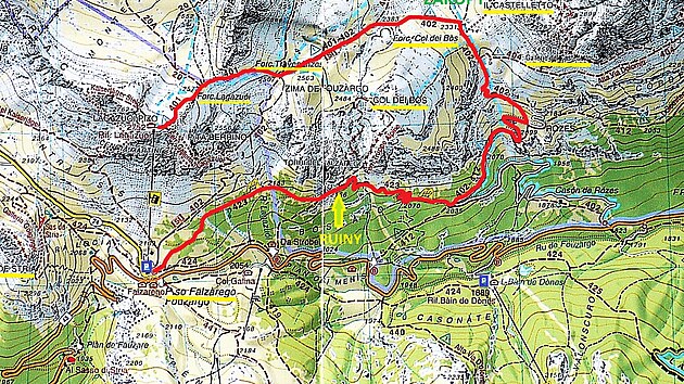 Trasa z vrcholu Lagazuoi Piccolo pes Forcella Travenanzes, Forcella Col dei Bos k ruinm lazaretu a do prsmyku Falzarego