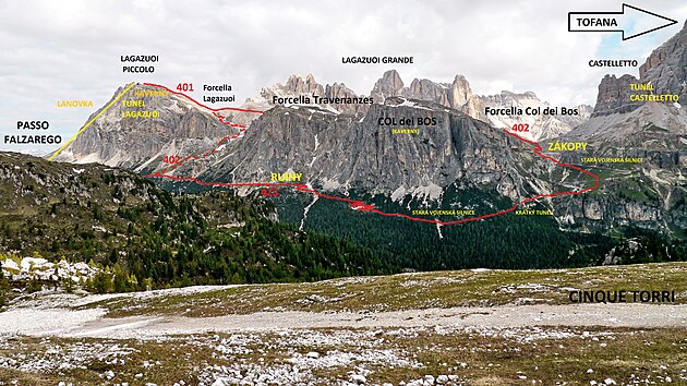 Schematick vyznaen trasy v ternu, pohled od Cinque Torri. Neviditeln st erven linie vede za horou Col dei Bos, sedlem Travenanzes - lze zvtit rozkliknutm