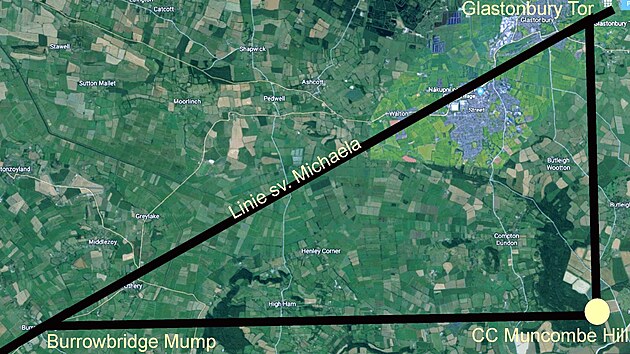 geometrick souvislosti mezi obrazcem v obil Muncombe Hill a Gastonbury Hill s Burrowbridge Mump