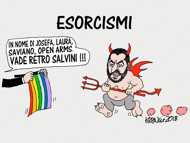 Zde se karikaturista Krancic opravdu vydil ... Nadpis: Vymtn dmon. Text: Ve jmnu Josefy, Laury, Saviana, Open Arms. Vade retro Salvini