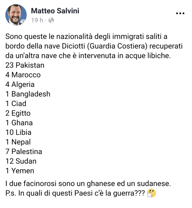 Nrodnosti migrant na lodi ... ve kter z tchto zem zu vlka? Zd se, e akti jsou : jeden migrant z Gambie a jeden Sudnec ... takto informoval Salvini na svm Fb.