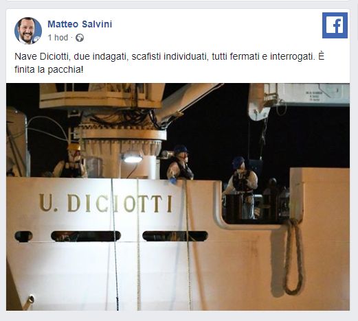 Salvini: Lo Diciotti, dva vyetovan, paerci individuovni, vichni zadreni a vyslechnuti.Konec pohodiky.