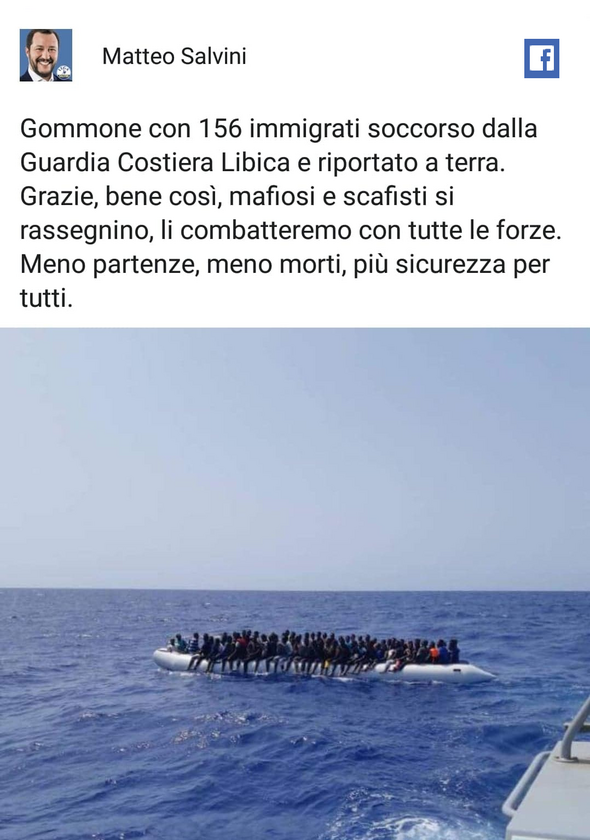Libyjci zachrnili pes sto padest migrant a odvezli zpt. Mafini a paerci se s tm mus smit. Matteo Salvini Fb.