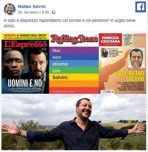 Na nenvist a pohrdn odpovdme s smvem a odputnm! ... To napsal Salvini na svm Fb profilu.asopis Espresso napsal pod fotku cizince a ministra ... Mui a ne  ... dal asopis do vmluvn  LGBT vlajky zase  ... My nejsme se Salvinim ... Vade retr