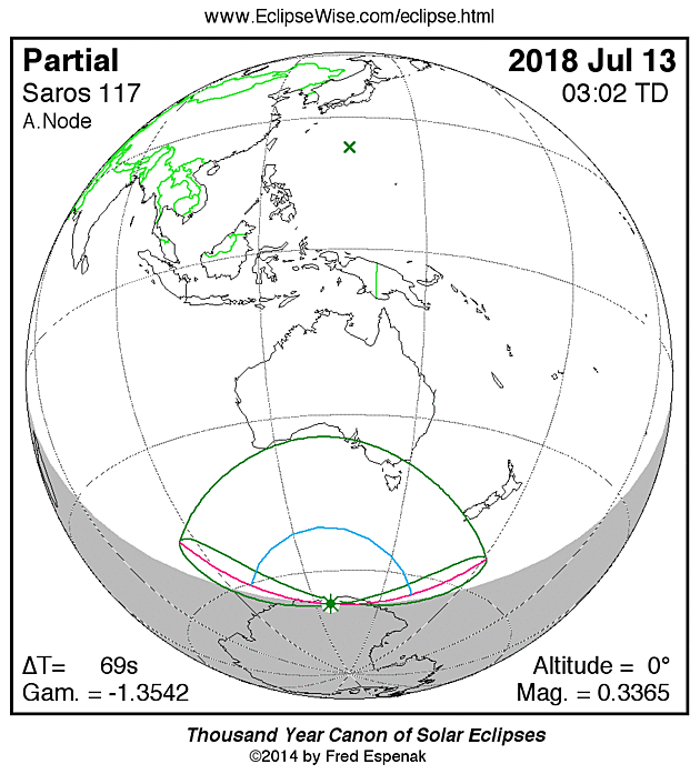 13. 7. 2018 - ten zatmn Slunce pozorovateln z jihu Austrliea Novho Zlandu, z Tasmnie a pobe Antarktidy.