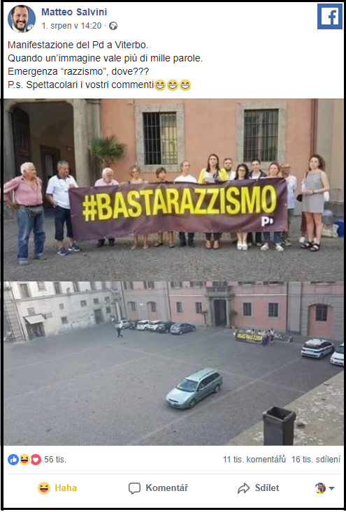 Salvini. Demonstrace Demokratick strany ve Viterbu. Kdy obrzek stoj za tisc slov.Stav ohroen kvli rasismu, kde ??? PS.Vae komente jsou velkolep.