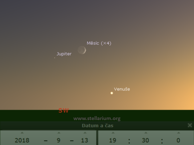 13. 9. 2018 - Msc spolu s Venu a Jupiterem veer nad jihozpadnm obzorem.