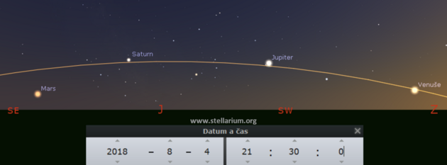 Srpen 2018 - planety seazen podl ekliptiky