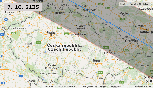 7. 10. 2135 - mapa esk republiky s vyznaenm zem, z nj bude pozorovateln pln zatmn Slunce