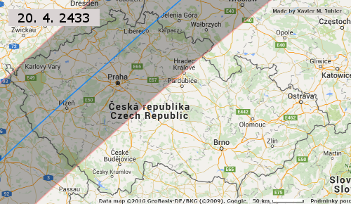 10. 4. 2433 - mapa esk republiky s vyznaenm zem, z nj bude pozorovateln pln zatmn Slunce