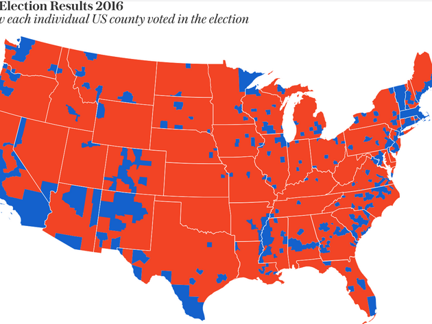 erven jsou Trumpovi volii (venkov)  vyhrl na 85% zem USA. Ty modr ostrvky v ervenm moi jsou msta (kter vol novou levici). Posun dlnick tdy na pravici reprezentovali u v 80. letech tzv. Reaganovi demokrat. Doporuuji nahldnout do ln