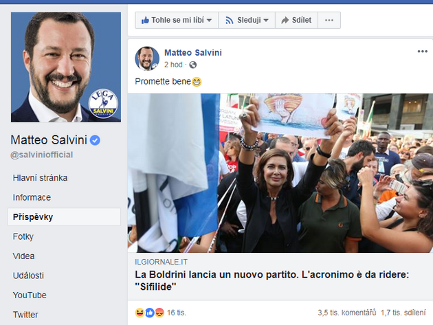 Matteo Salvini nemohl ped  autoglem Boldriniov mlet. m vc se tato politika angauje , tm vt konsenzus Salvini sklz. Jeho koment ...To zn slibn spolu s smvnm smajlkem mluv za ve !