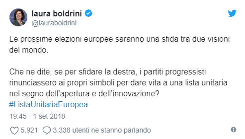 Vzva Laury Boldrini na zaloen LUE ... Dal evropsk volby budou vzvou mezi dvma svtovmi pohledy. Co kte, kdyby  se pokrokov strany postavili  pravici a vzdali se svch symbol k vytvoen jednotnho seznamu ve znamen otevenosti a inovace?