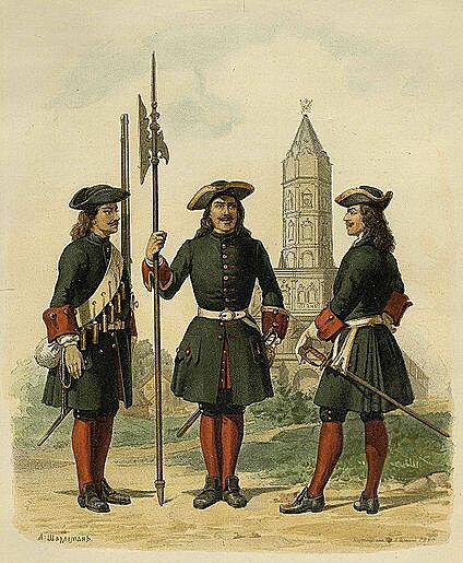Preobraensk gardov pluk - zleva vojn, poddstojnk a dstojnk, pelom 17.-18. stolet