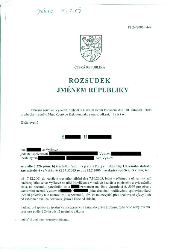 Rozsudek jmnem republiky - Okresn soud ve Vykov - str. 1