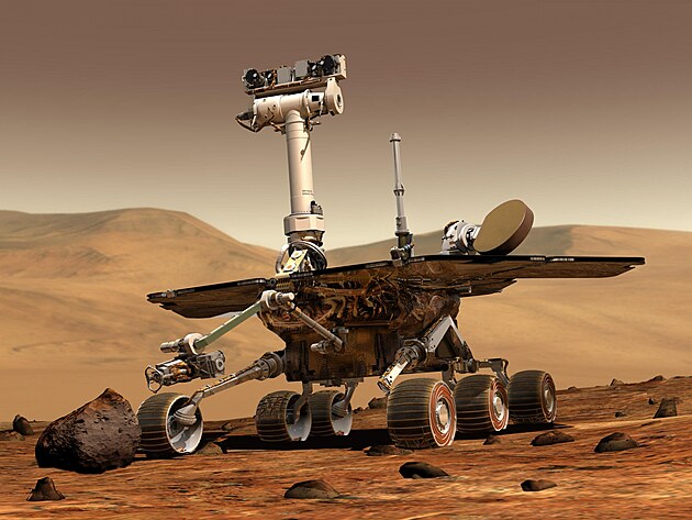 Obr�zek: Jedno z dvoj�at, kter� p�ist�la na Marsu v roce 2004 - Opportunity. Zdroj: NASA/JPL/Cornell University, https://www.nasa.gov/sites/default/files/pia04413_2.jpg