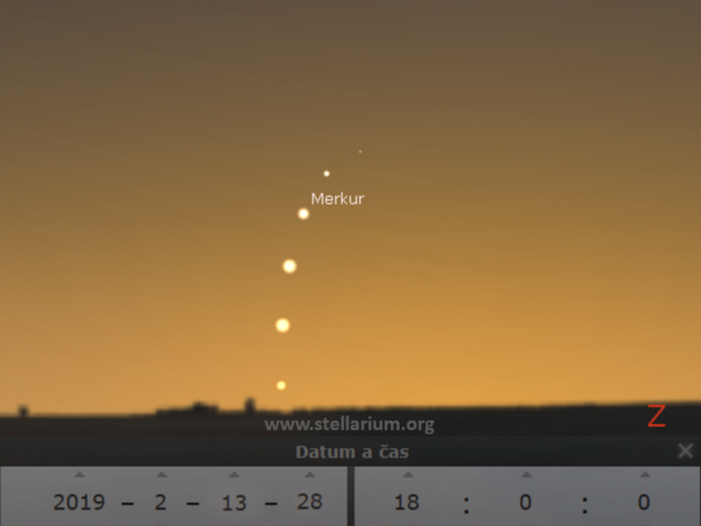 13. a 28. 2. - Merkur viditeln veer na zpad.